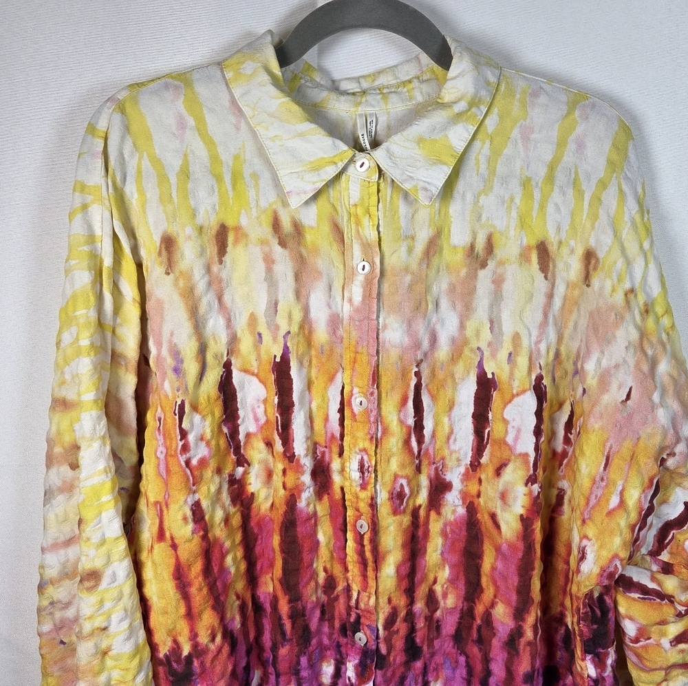 Anthropologie Oversized Button Down Tunic Shirt Hombre Tie Dye Boho Pink Large - Picture 4 of 11